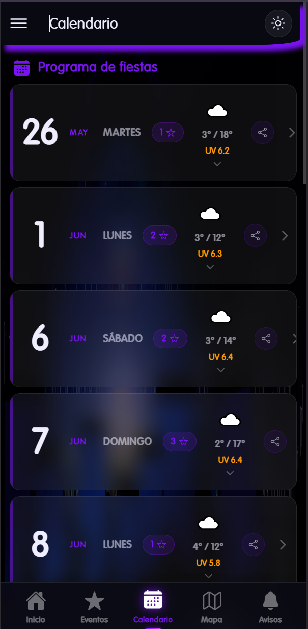 Programa de fiestas digital - calendario con días de fiestas y meteorología