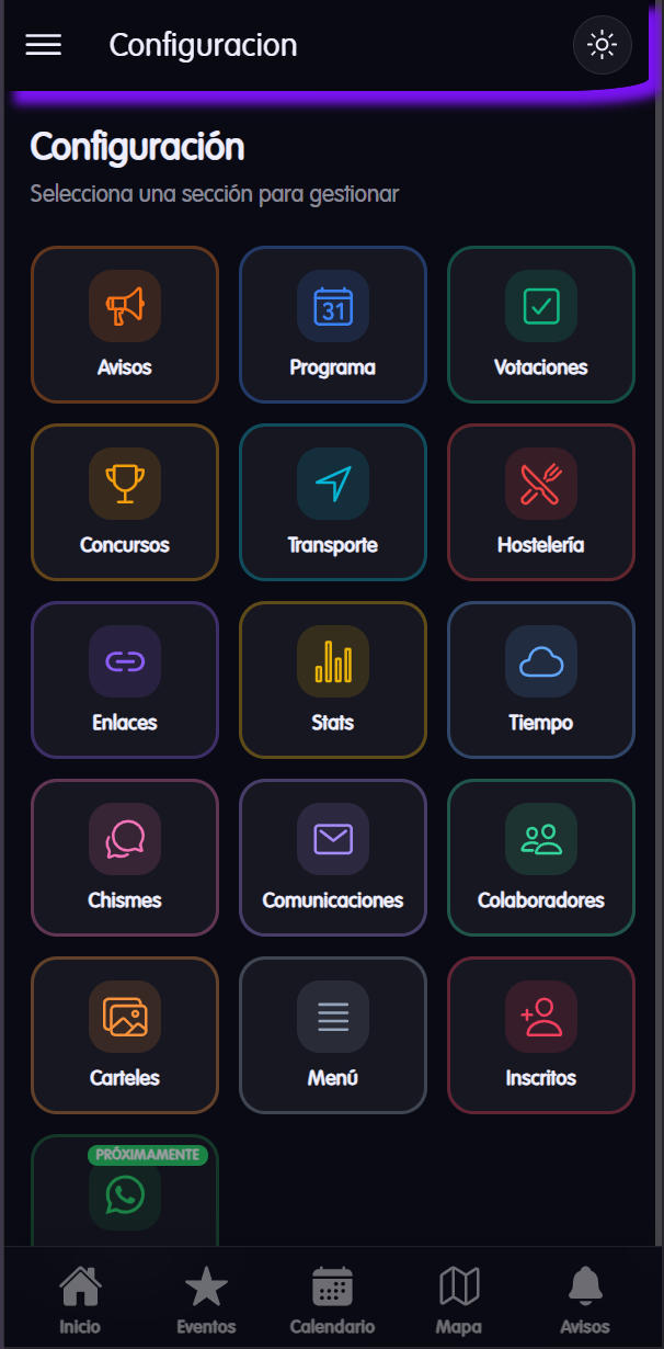 Panel de administración de app de fiestas - gestión sin código