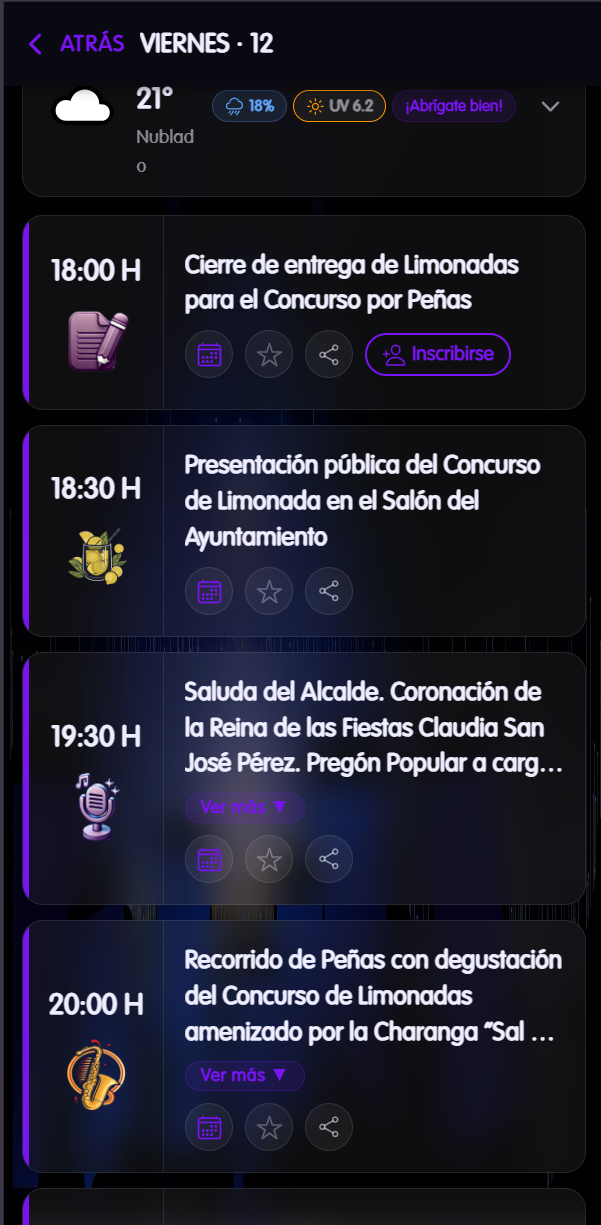 Programa de actos de fiestas - detalle del día con horarios e inscripciones