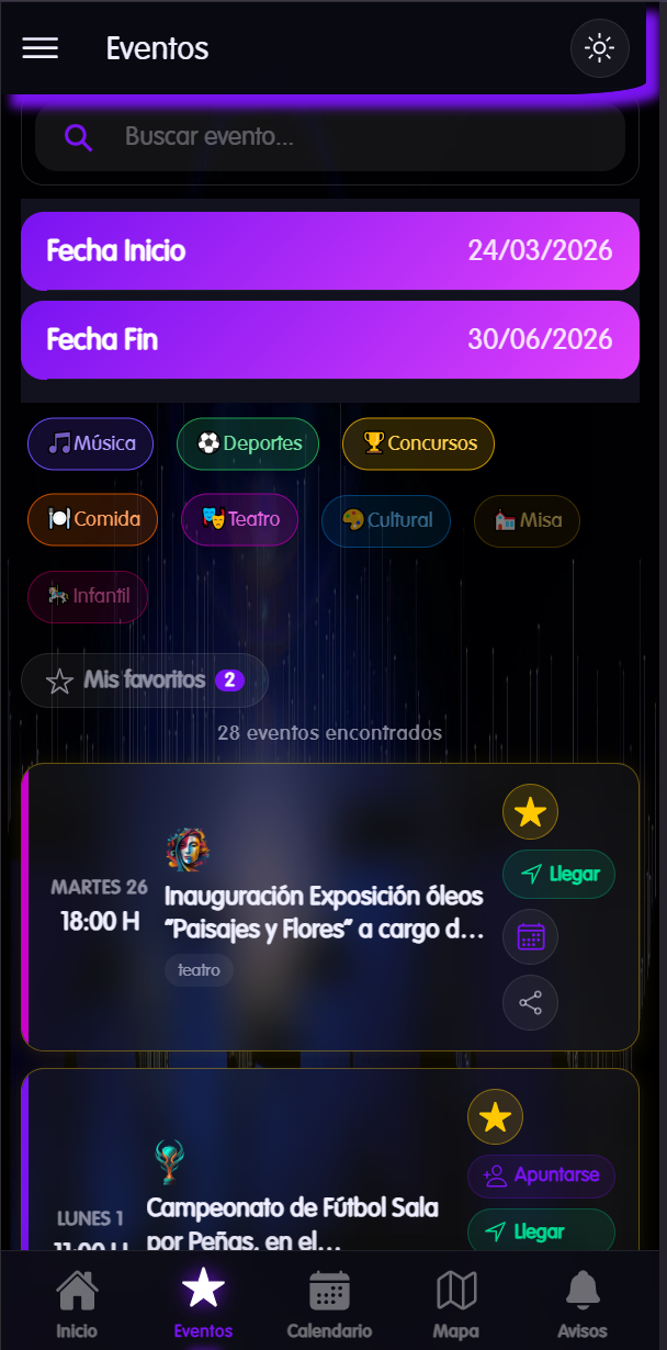 App fiestas patronales - listado de eventos con filtros por categoría