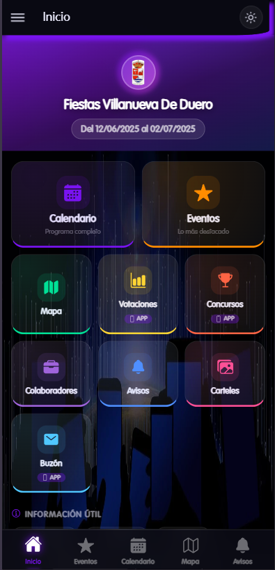 App fiestas de pueblo - pantalla de inicio con cuenta atrás y accesos rápidos