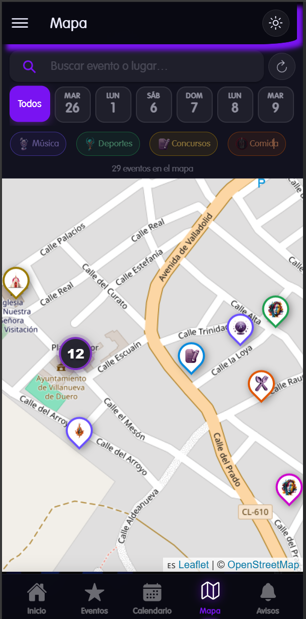 Mapa interactivo de fiestas de pueblo con eventos geolocalizados